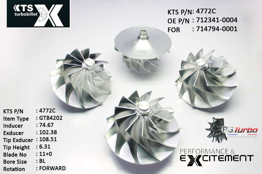 Turbo ROUE FORGÉE MFS PERFORMANCE - 11+0 PALES - INDUCER : 74,67 - EXDUCER : 102,38 - TYPE : GTB4202ANGLE : 50° - ROTATION : Forward - SUPER BACK : 20,83 - BORE SIZE : 8,27
